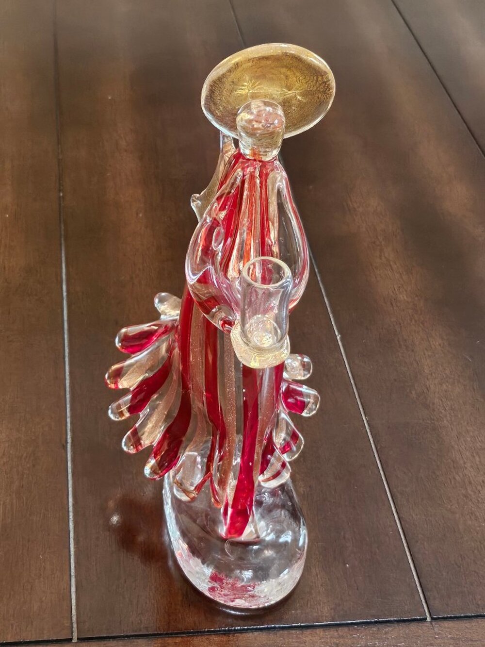 Vintage Murano Art Glass Angel Candle Holder Red Cane Striped Gold Dust Italy